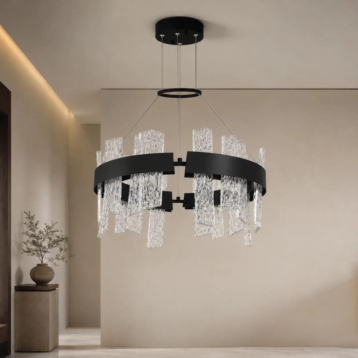 Guadiana Integrated LED 24in Black Chandelier with Handcrafted Glass
