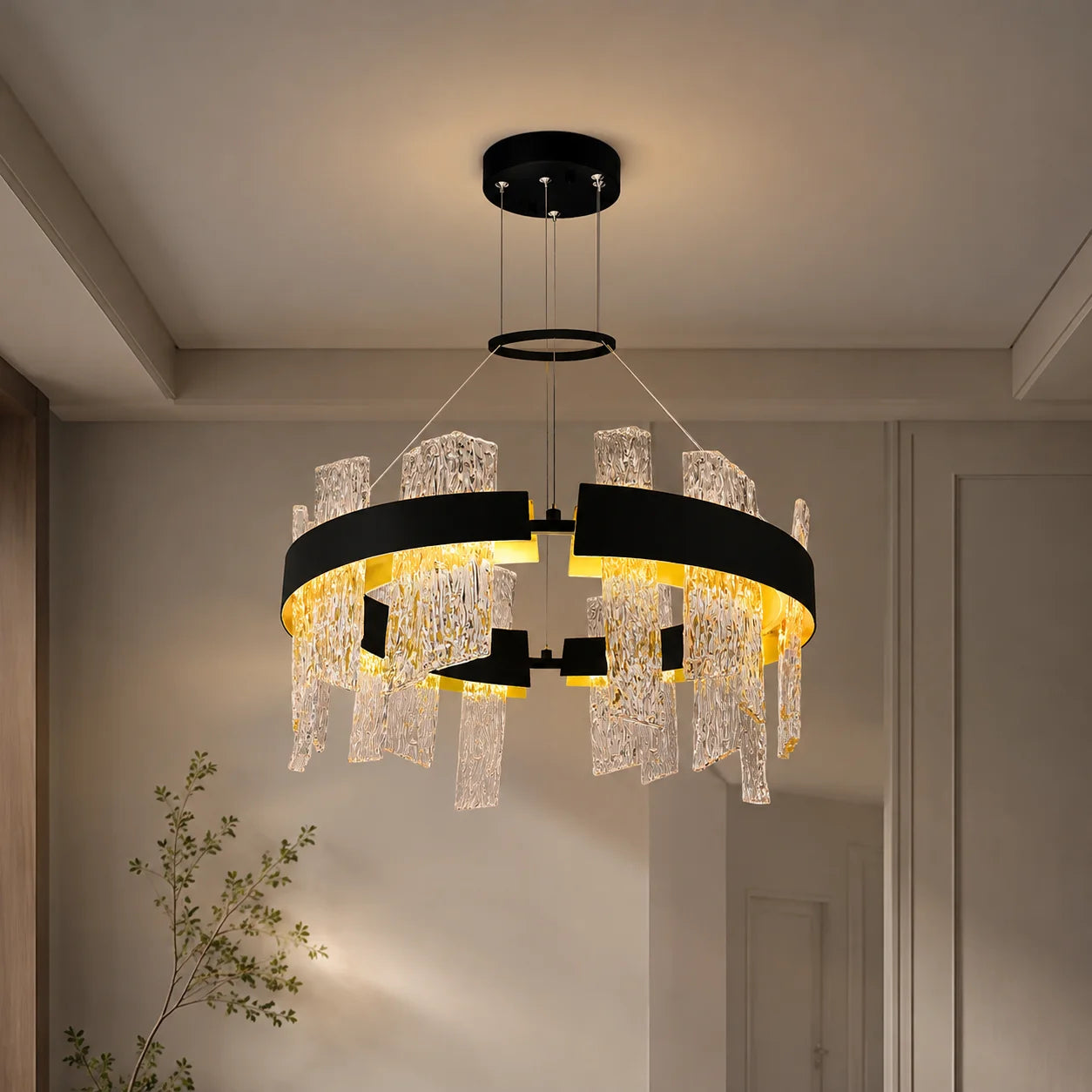 Guadiana Integrated LED 24in Black Chandelier with Handcrafted Glass