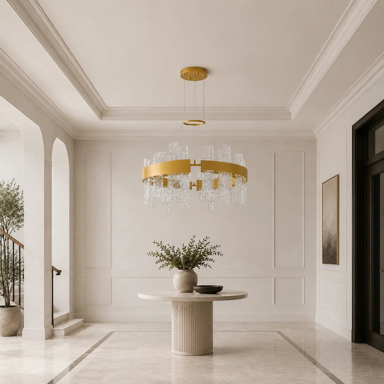 Guadiana Integrated LED 32in Satin Gold Chandelier with Handcrafted Glass