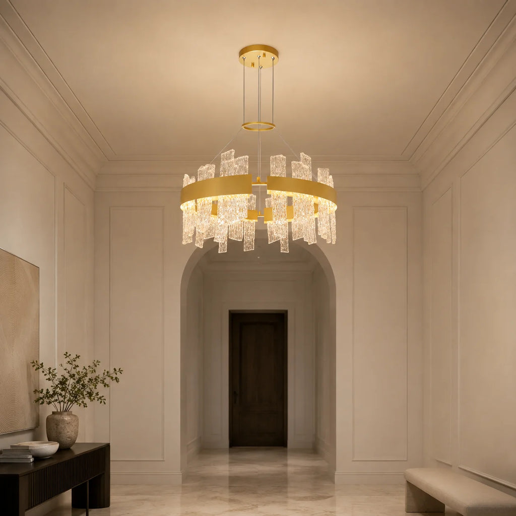 Guadiana Integrated LED 32in Satin Gold Chandelier with Handcrafted Glass