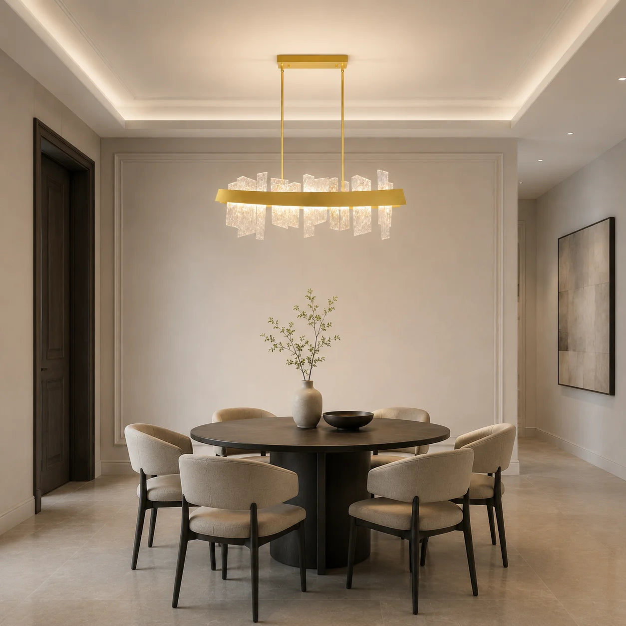 Guadiana Integrated LED 39in Satin Gold Chandelier with Handcrafted Glass
