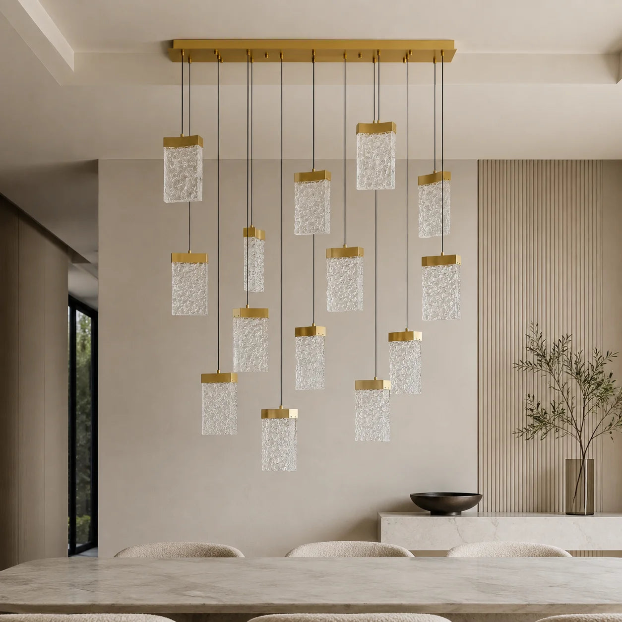 Lava Integrated LED 48in Brass Chandelier with Handcrafted Glass