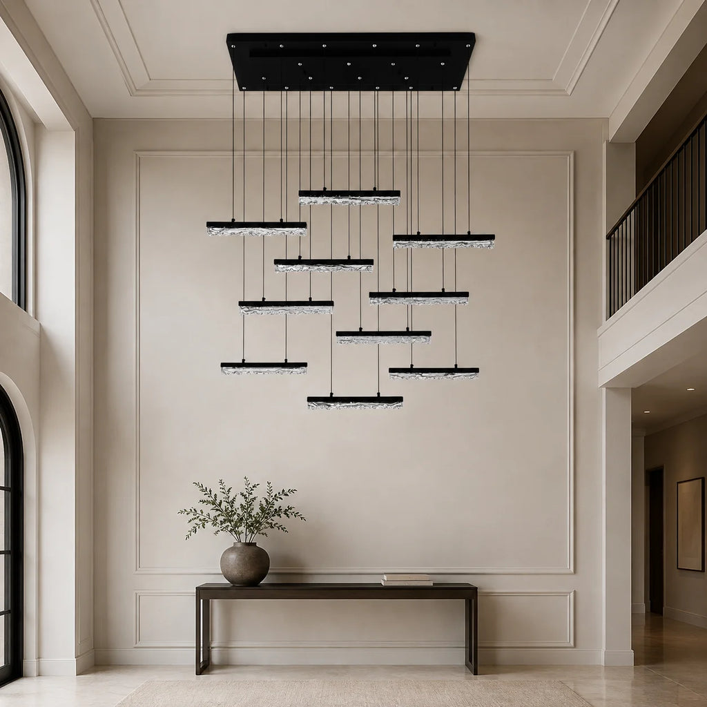 Stagger Integrated LED 48in Black Chandelier with Handcrafted Glass