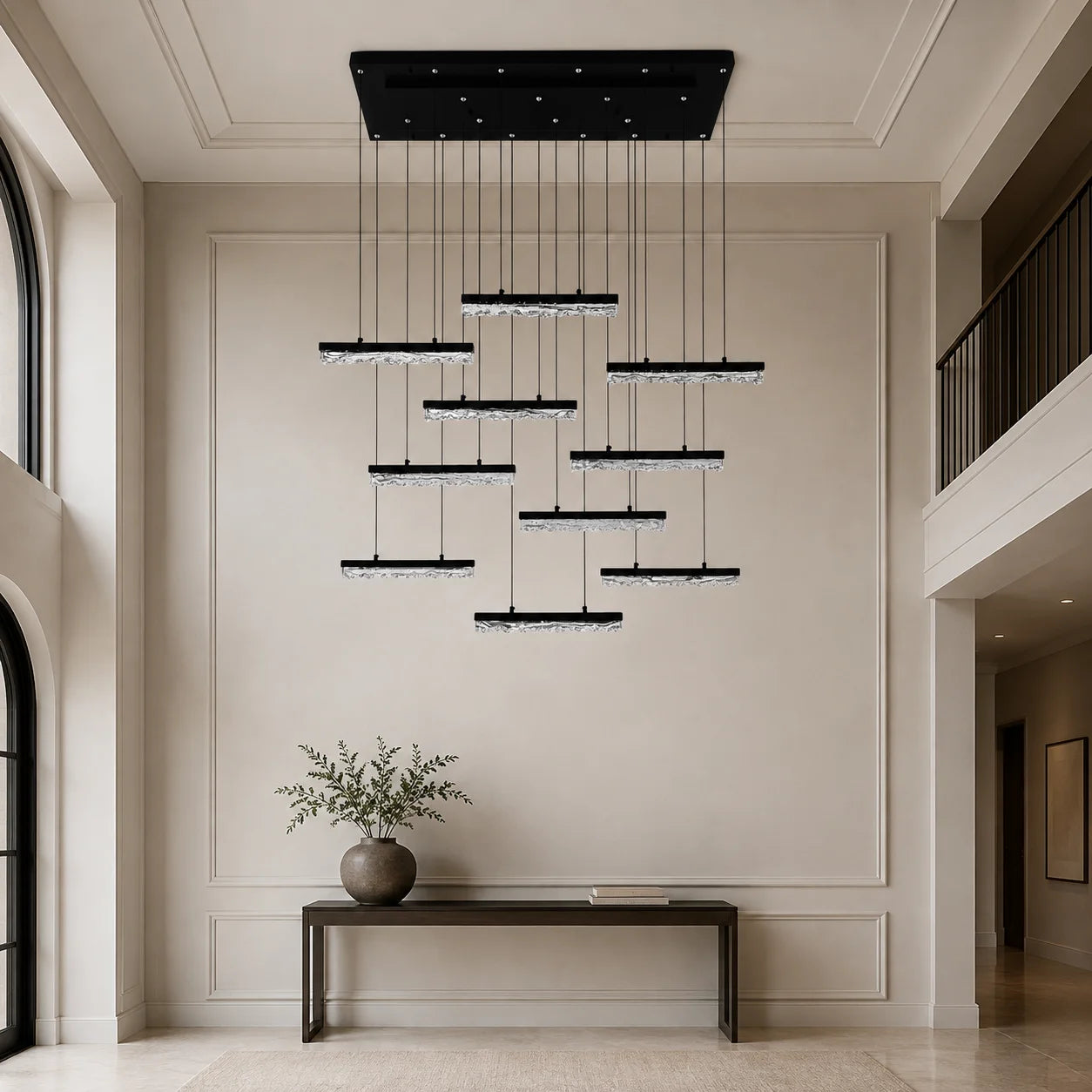Stagger Integrated LED 48in Black Chandelier with Handcrafted Glass