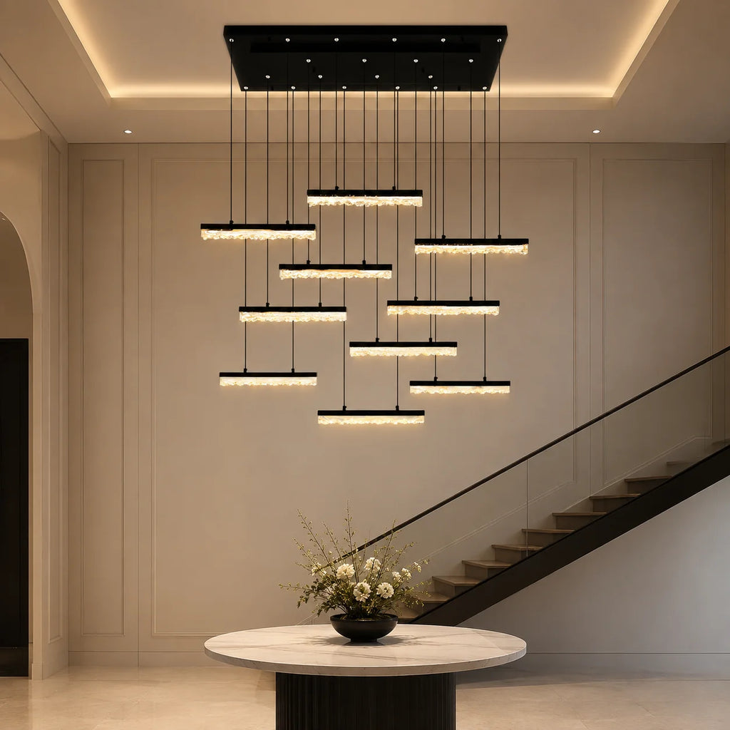 Stagger Integrated LED 48in Black Chandelier with Handcrafted Glass