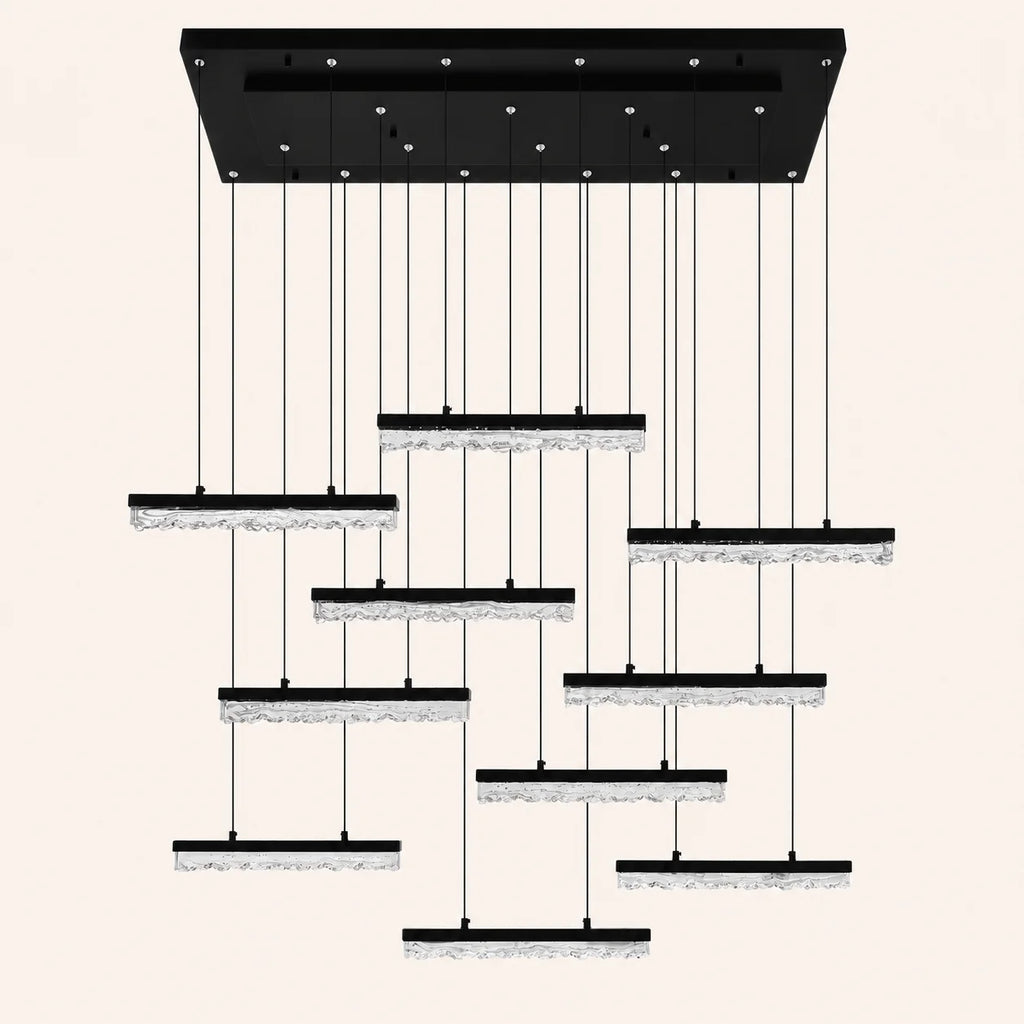 Stagger Integrated LED 48in Black Chandelier with Handcrafted Glass
