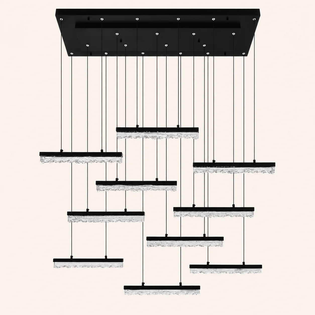 Stagger Integrated LED 48in Black Chandelier with Handcrafted Glass