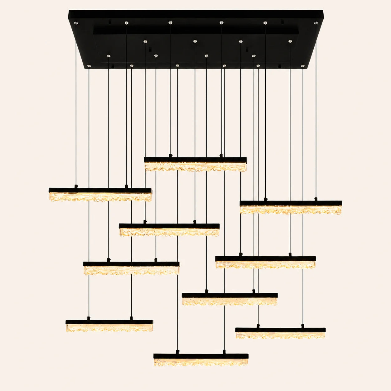 Stagger Integrated LED 48in Black Chandelier with Handcrafted Glass