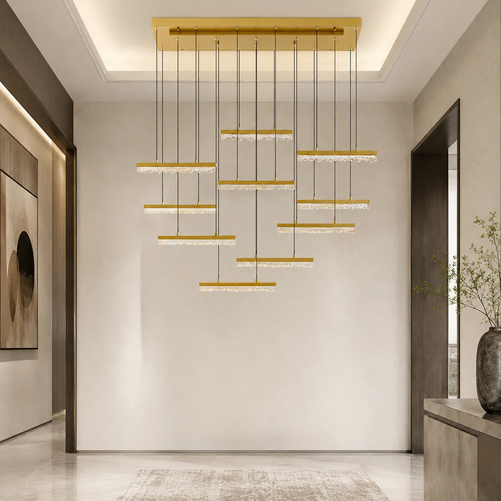 Stagger Integrated LED 48in Brass Chandelier with Handcrafted Glass