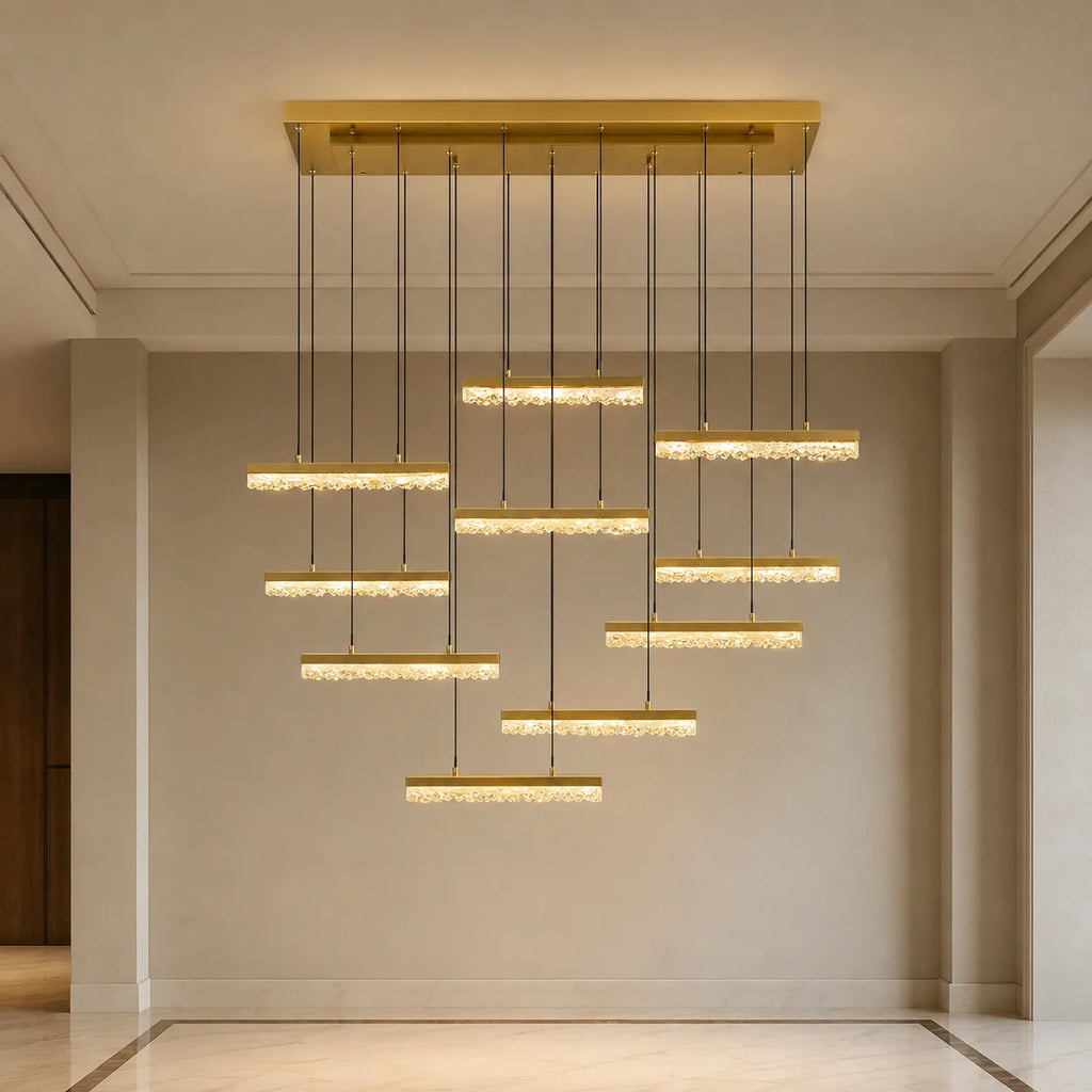 Stagger Integrated LED 48in Brass Chandelier with Handcrafted Glass