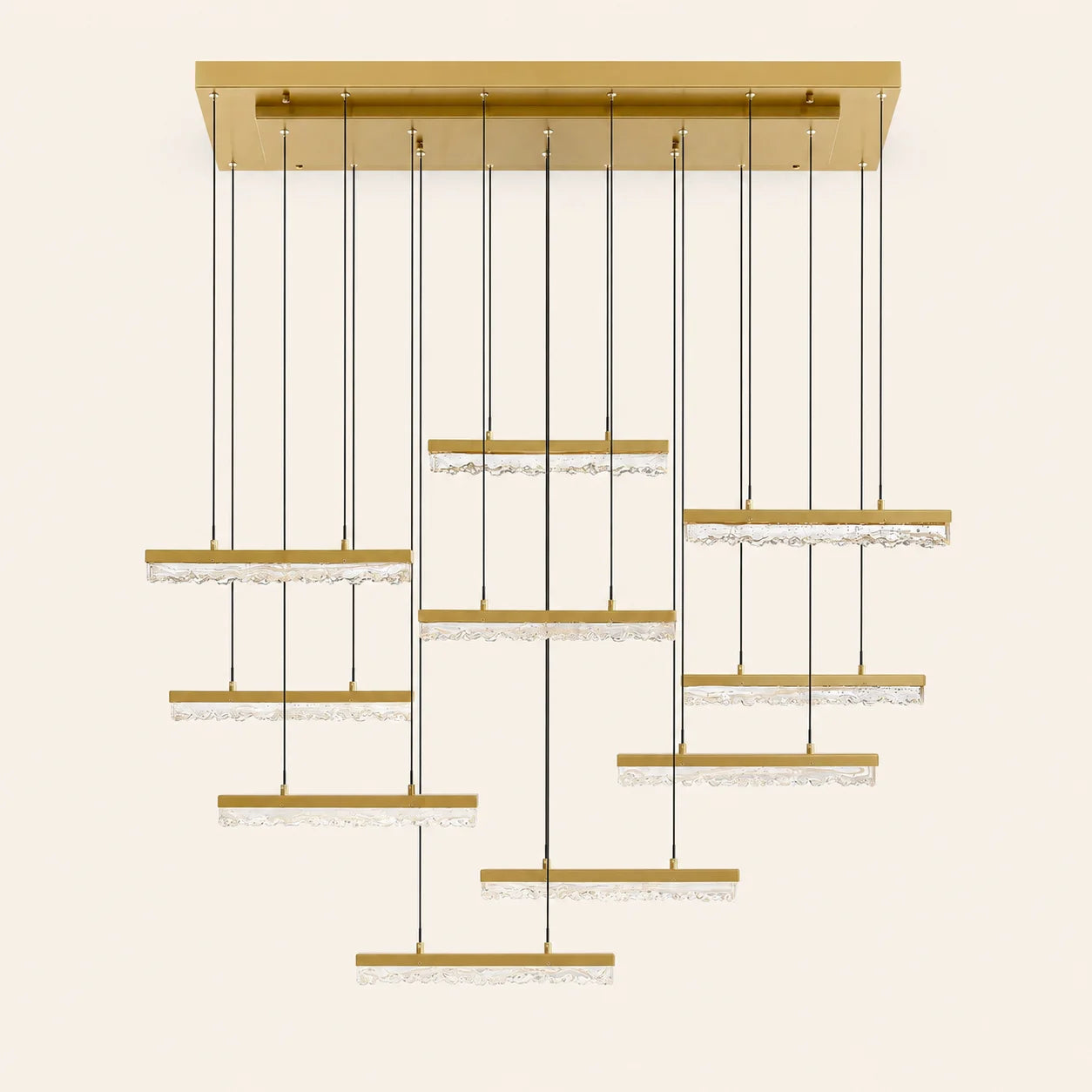 Stagger Integrated LED 48in Brass Chandelier with Handcrafted Glass