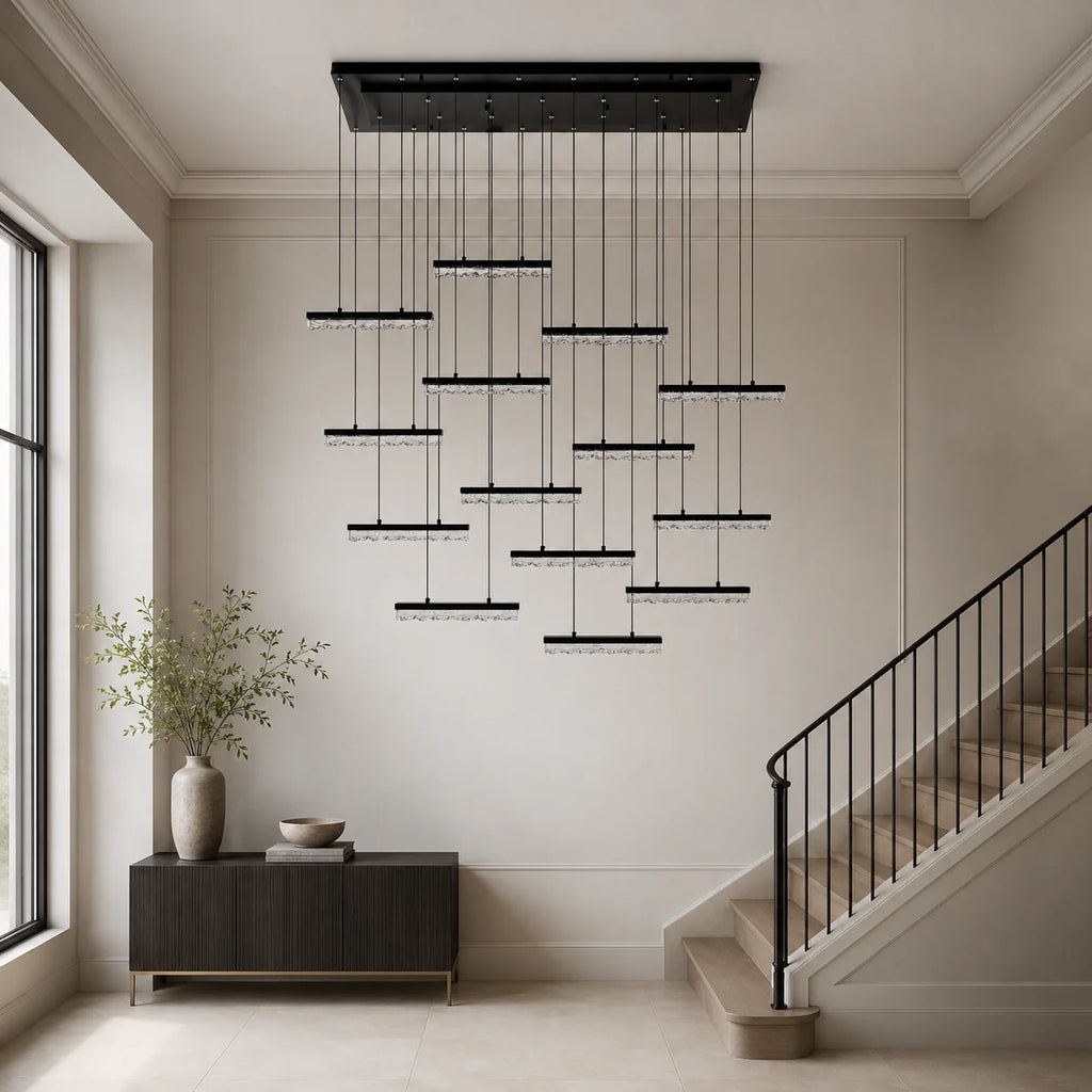 Stagger Integrated LED 60in Black Chandelier with Handcrafted Glass