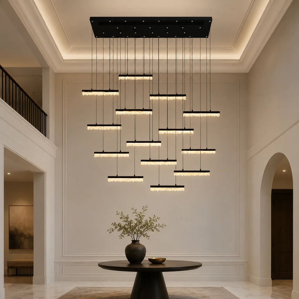 Stagger Integrated LED 60in Black Chandelier with Handcrafted Glass