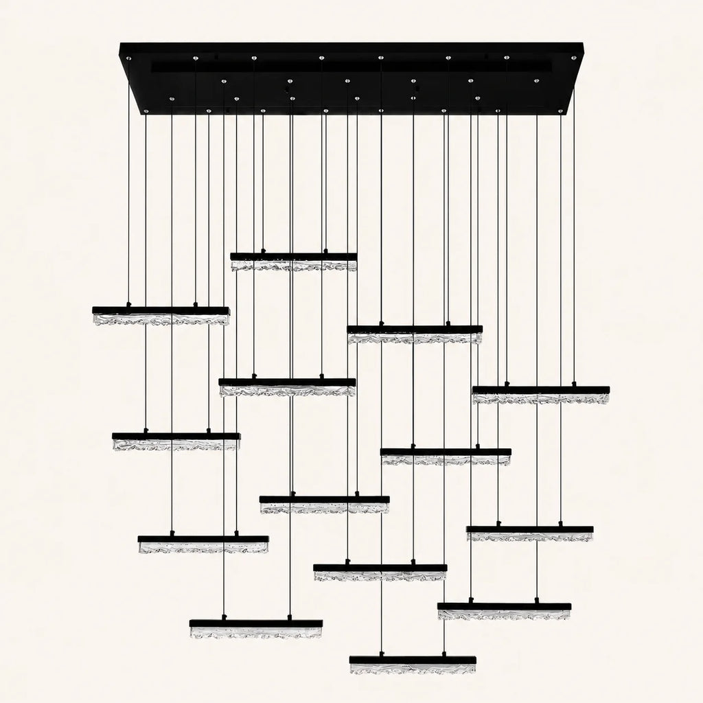 Stagger Integrated LED 60in Black Chandelier with Handcrafted Glass