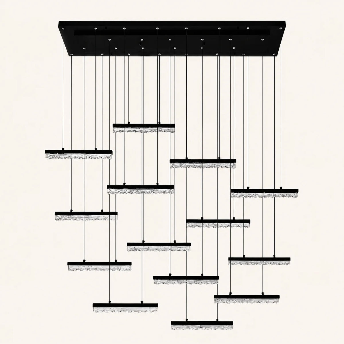 Stagger Integrated LED 60in Black Chandelier with Handcrafted Glass