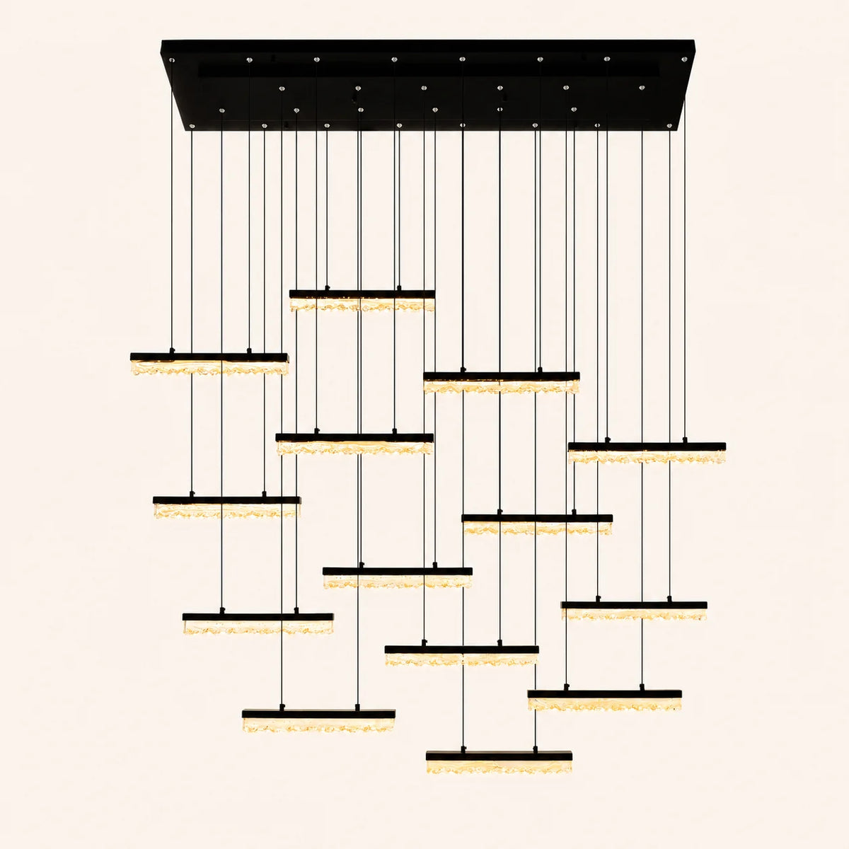 Stagger Integrated LED 60in Black Chandelier with Handcrafted Glass