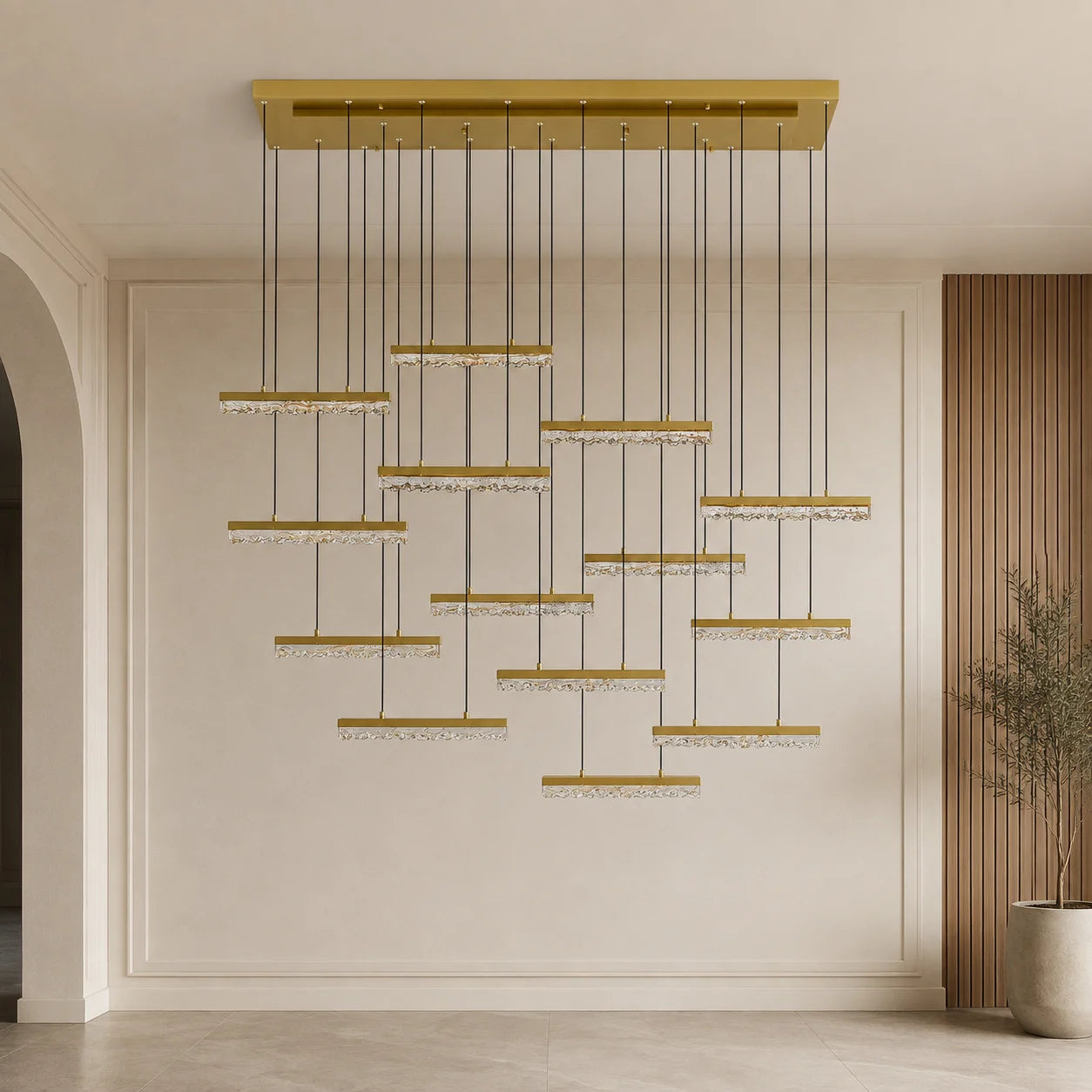 Stagger Integrated LED 60in Brass Chandelier with Handcrafted Glass