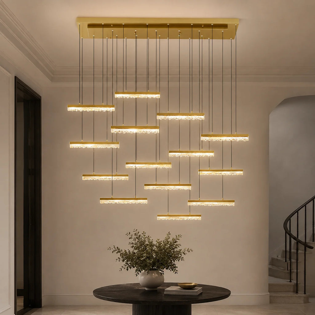 Stagger Integrated LED 60in Brass Chandelier with Handcrafted Glass