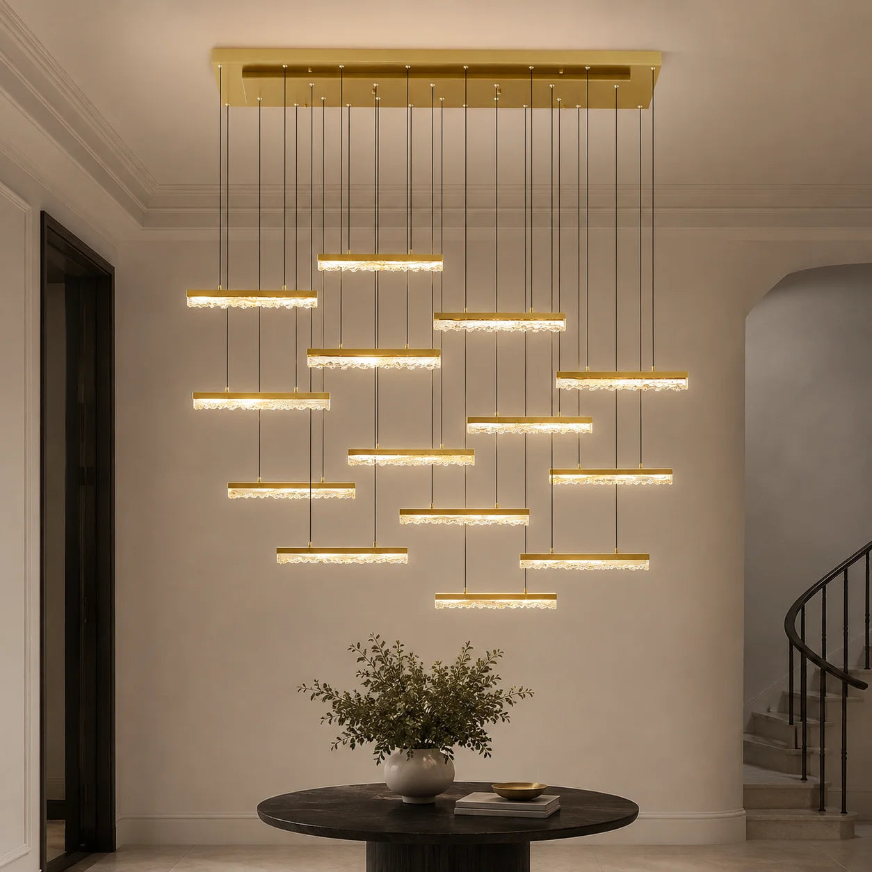 Stagger Integrated LED 60in Brass Chandelier with Handcrafted Glass