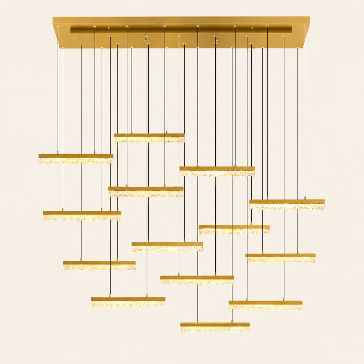 Stagger Integrated LED 60in Brass Chandelier with Handcrafted Glass