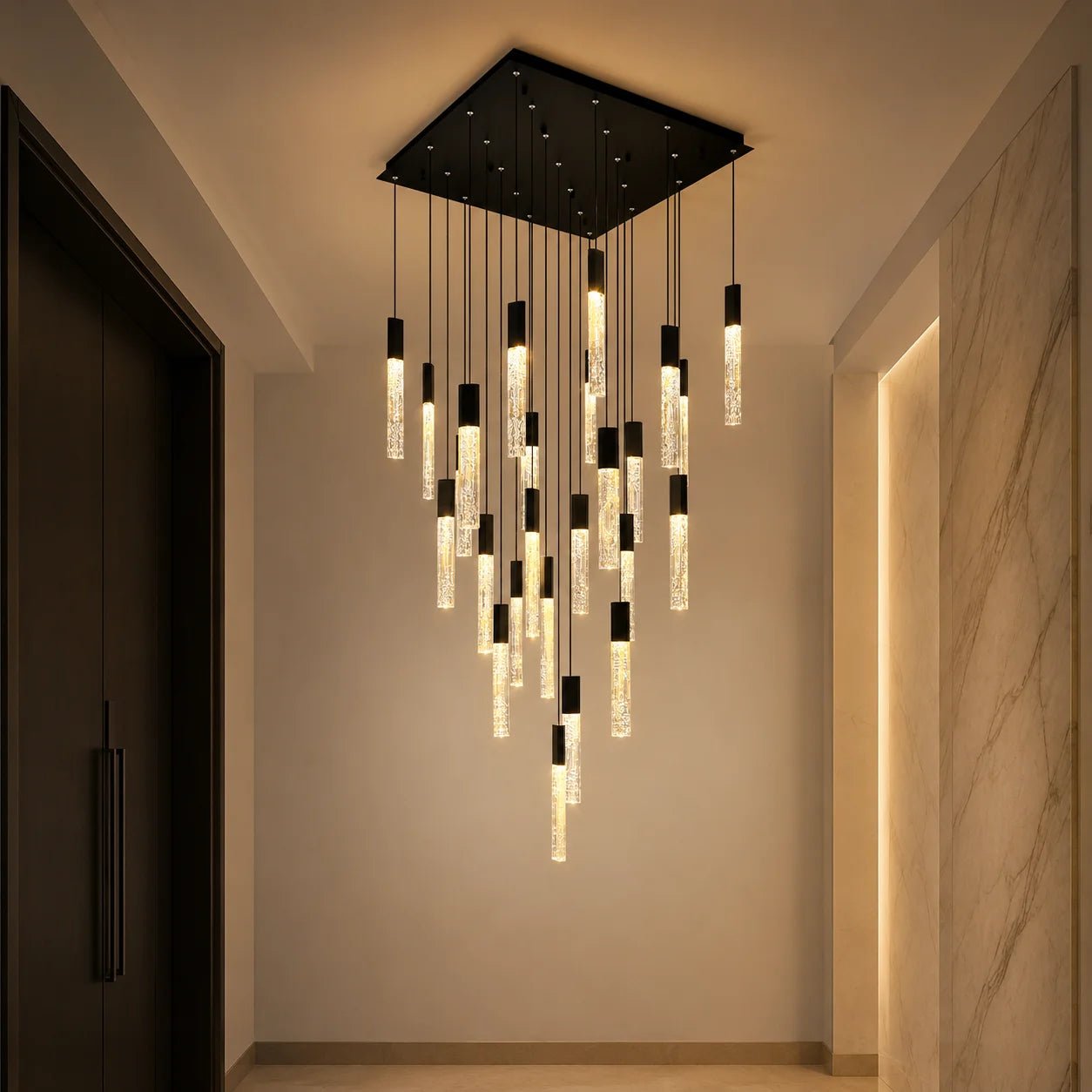 Greta Integrated LED 28in Black Chandelier with Handcrafted Glass