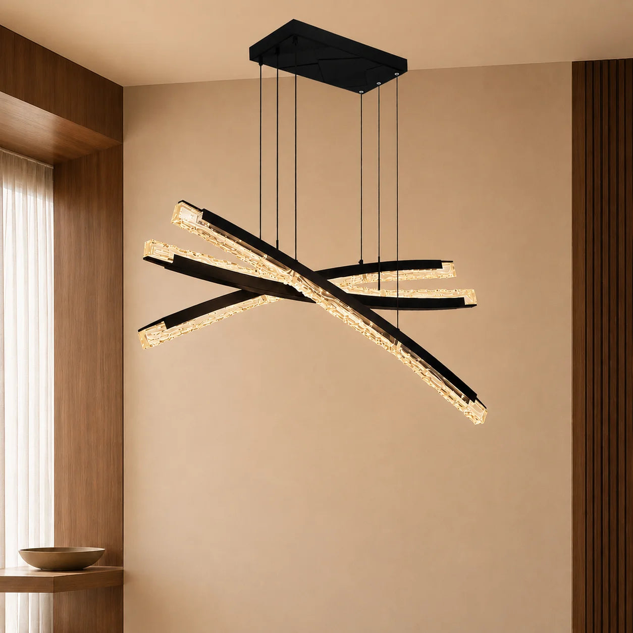 Saber Integrated LED 50in Black Chandelier with Handcrafted Glass