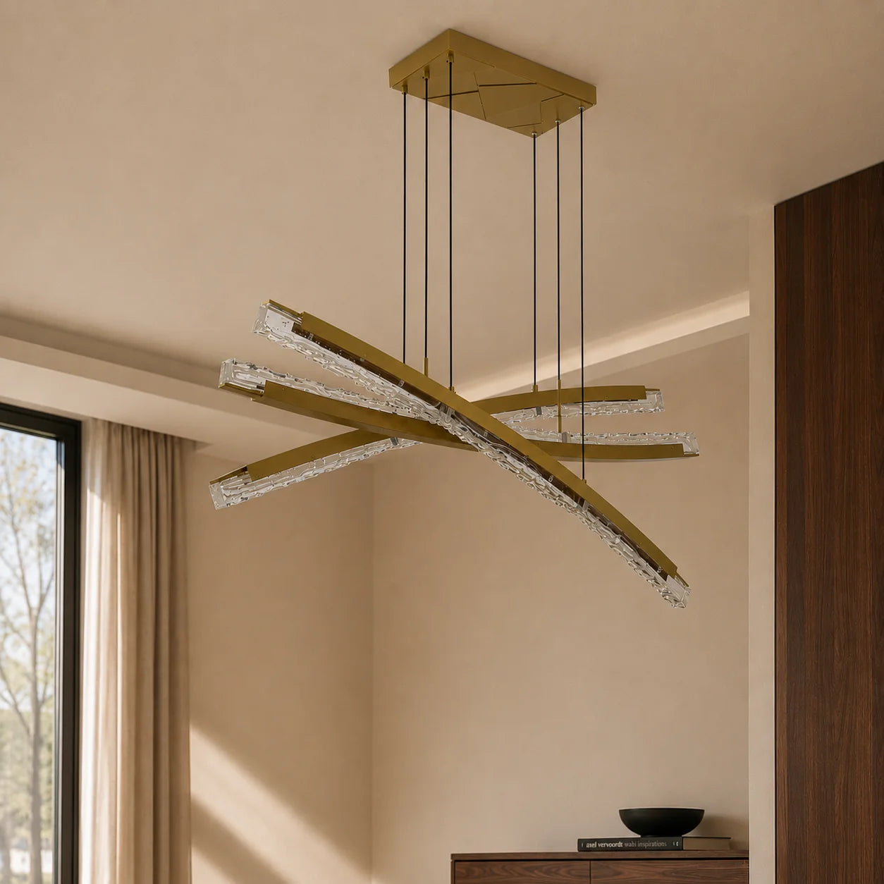 Saber Integrated LED 50in Brass Chandelier with Handcrafted Glass