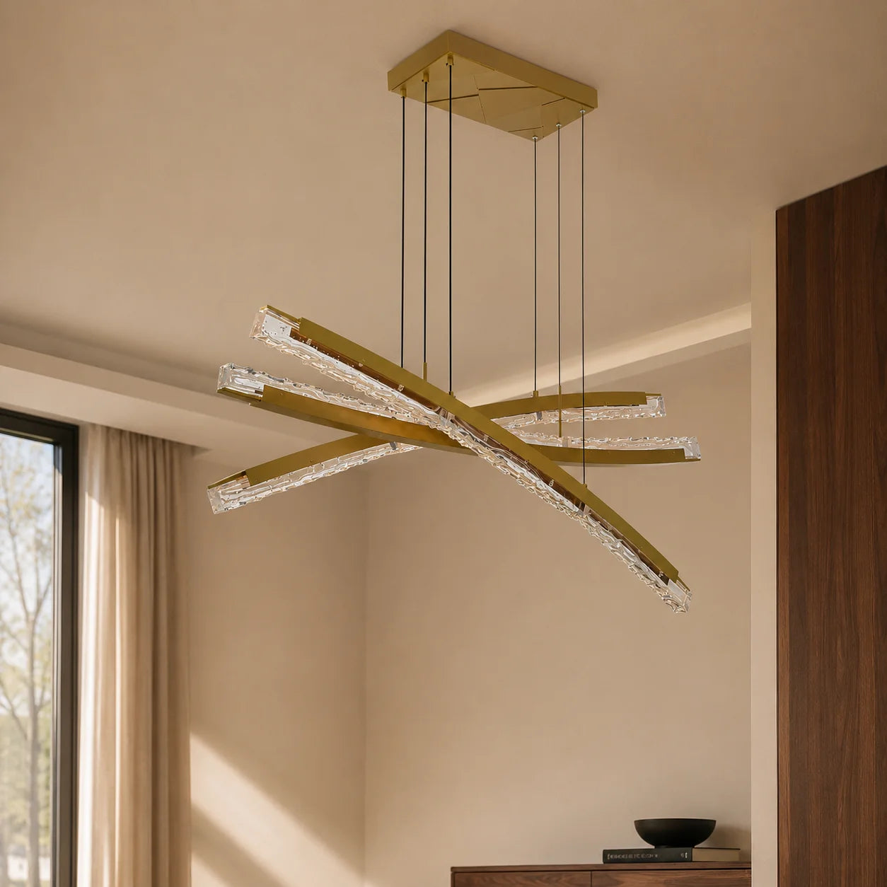 Saber Integrated LED 50in Brass Chandelier with Handcrafted Glass