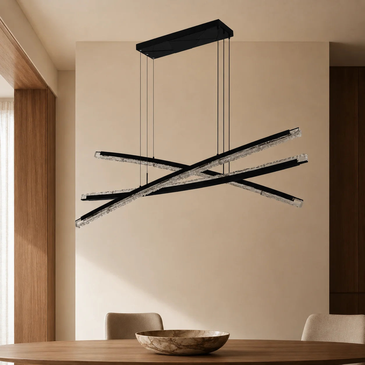 Saber Integrated LED 70in Black Chandelier with Handcrafted Glass