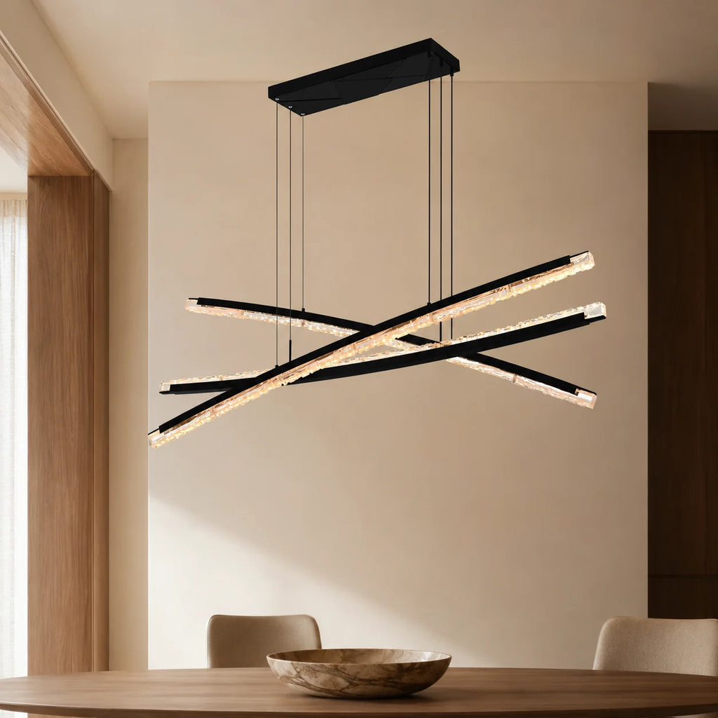 Saber Integrated LED 70in Black Chandelier with Handcrafted Glass