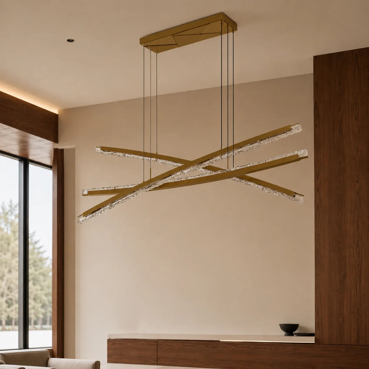 Saber Integrated LED 70in Brass Chandelier with Handcrafted Glass
