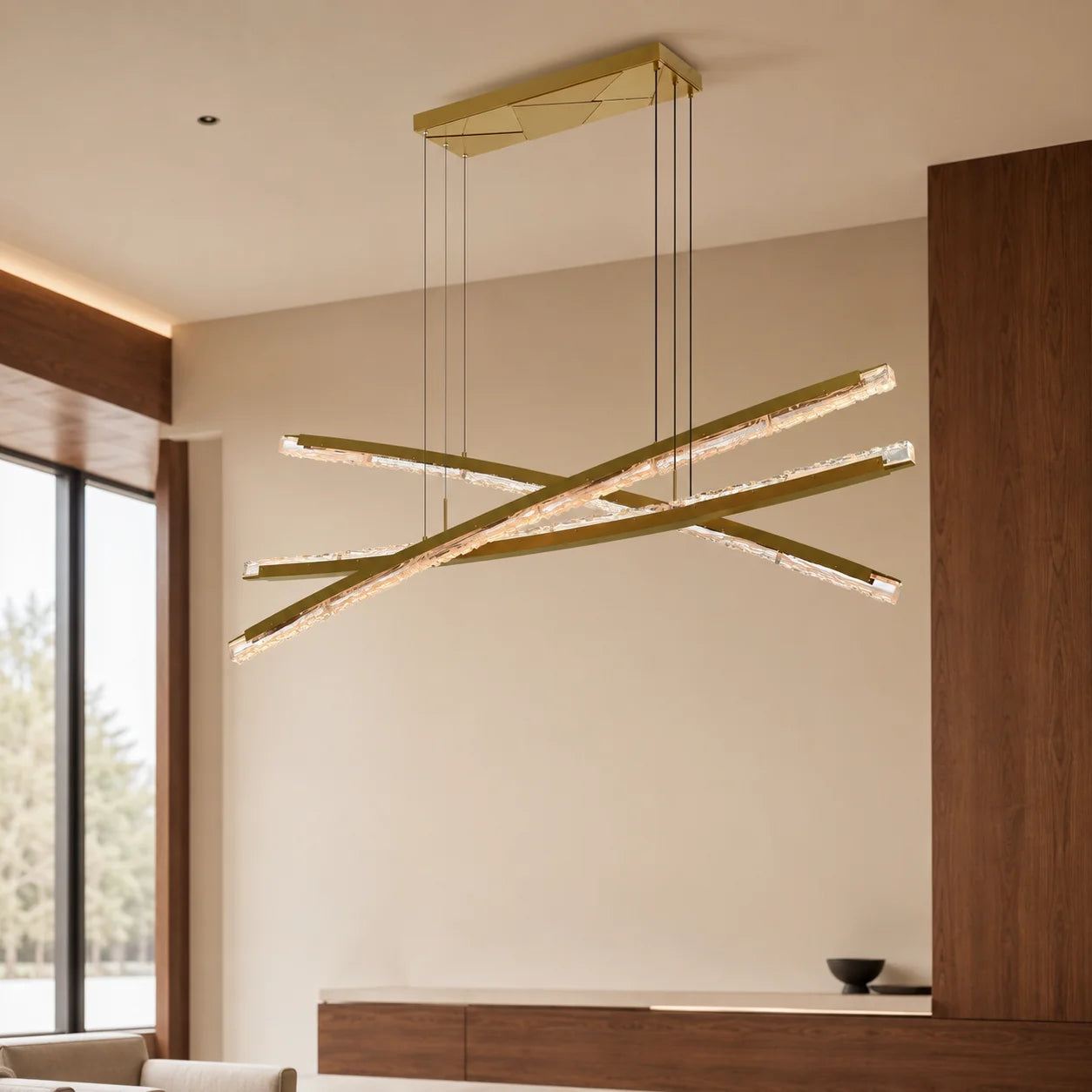 Saber Integrated LED 70in Brass Chandelier with Handcrafted Glass