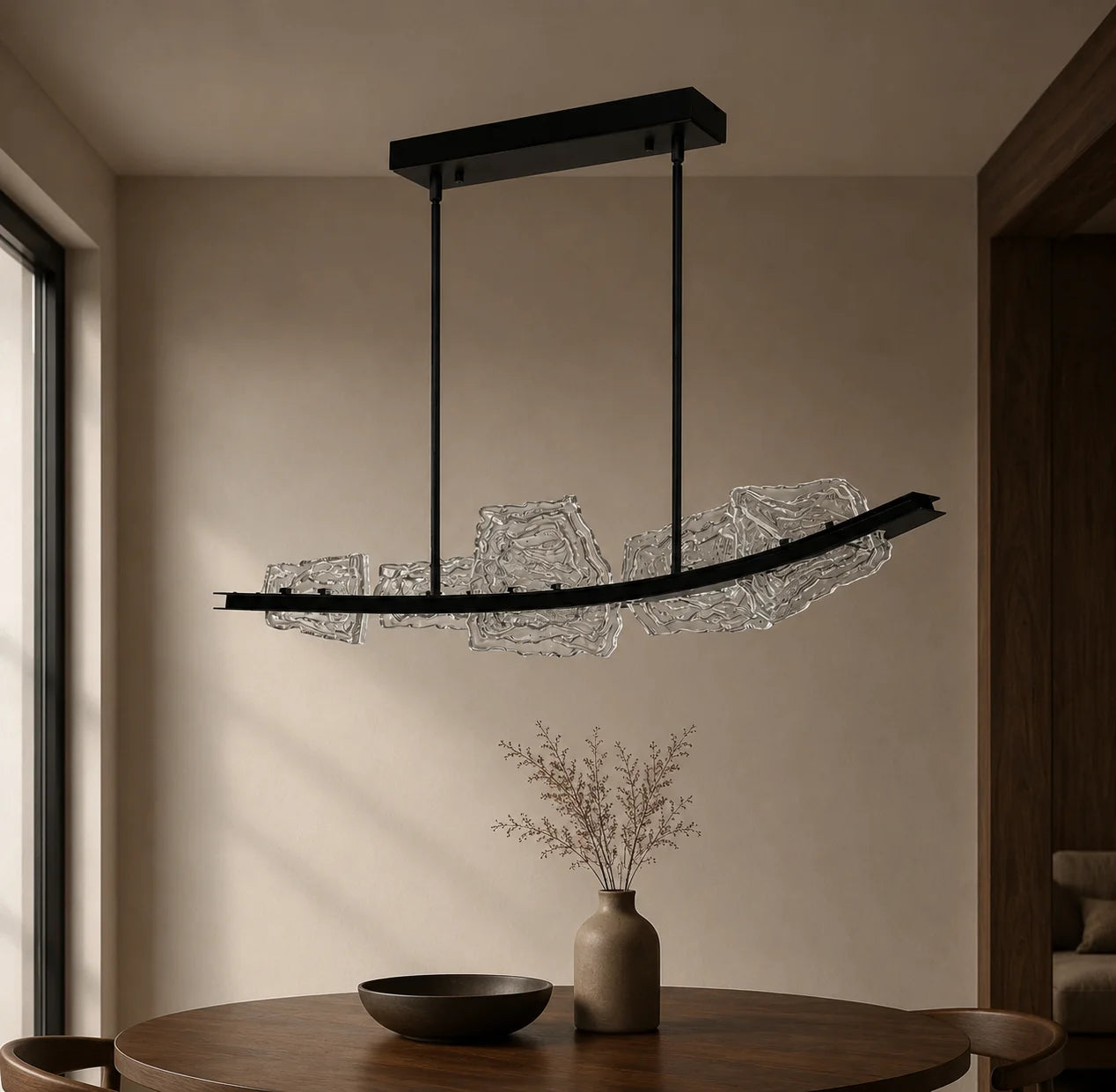 Arcus Integrated LED 50in Black Chandelier with Handcrafted Glass
