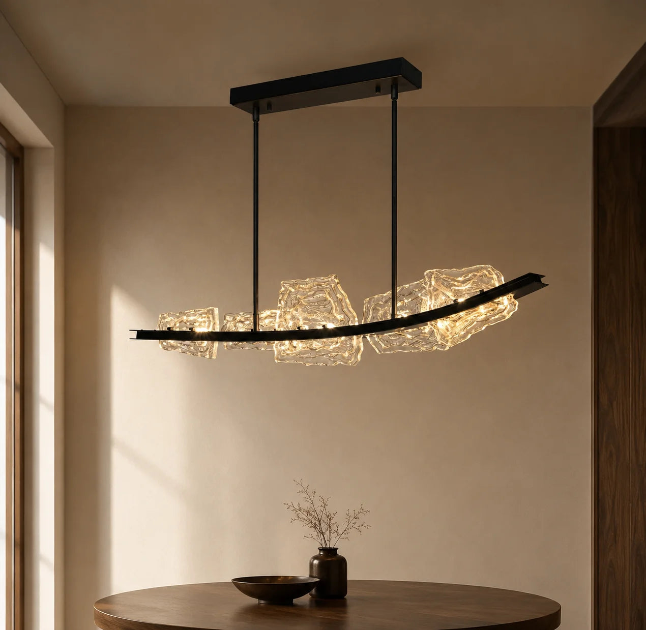 Arcus Integrated LED 50in Black Chandelier with Handcrafted Glass