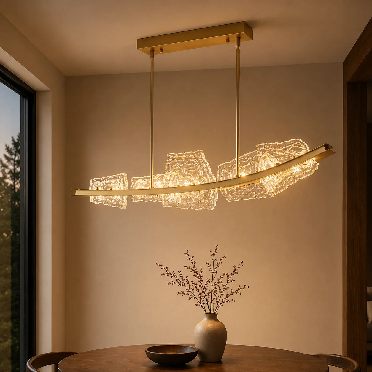 Arcus Integrated LED 50in Brass Chandelier with Handcrafted Glass