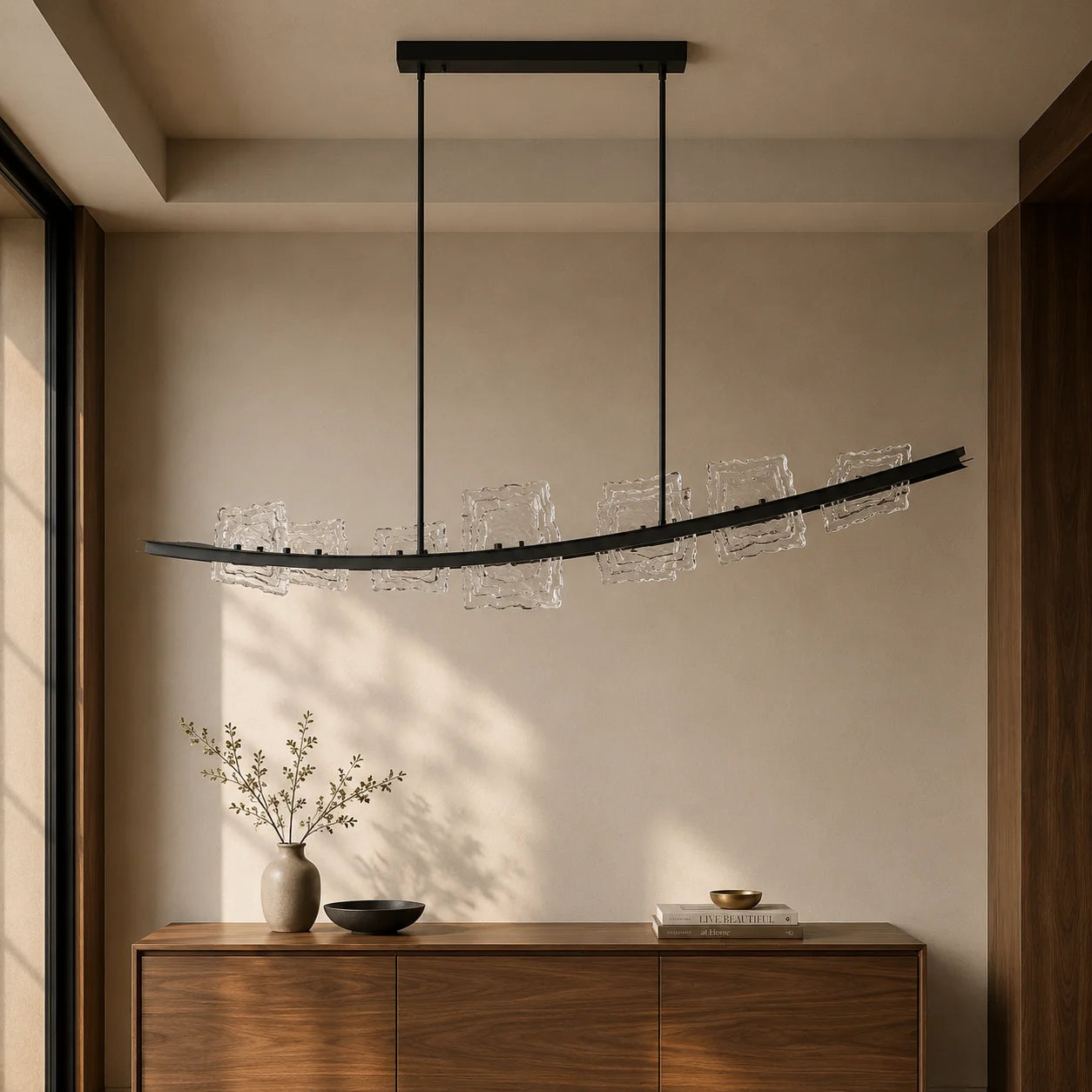 Arcus Integrated LED 70in Black Chandelier with Handcrafted Glass