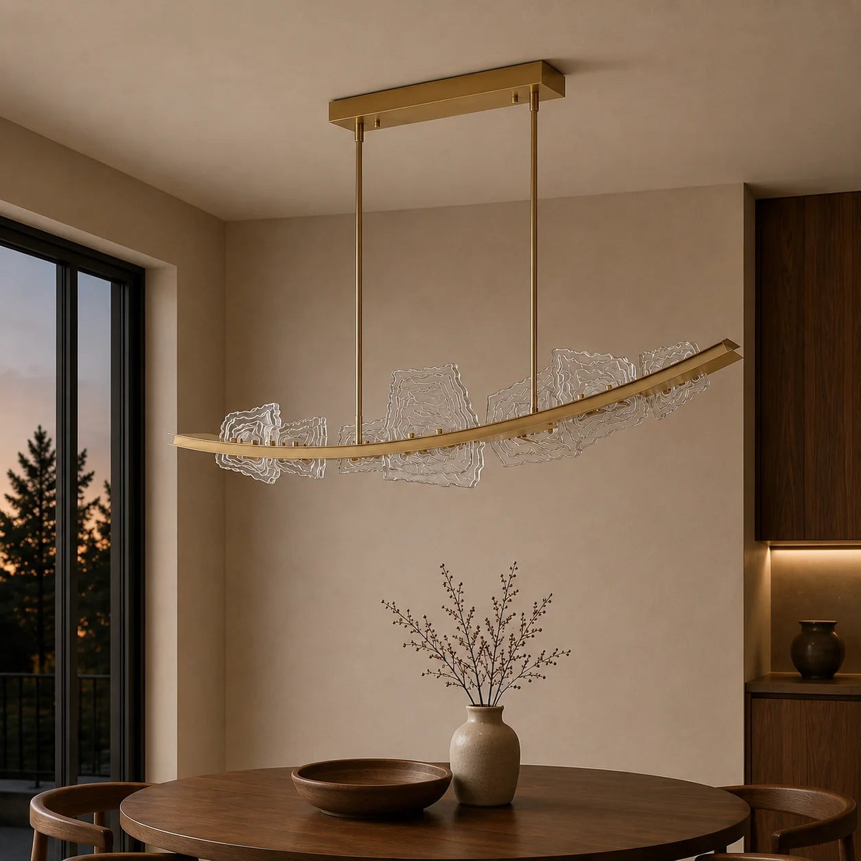 Arcus Integrated LED 70in Brass Chandelier with Handcrafted Glass