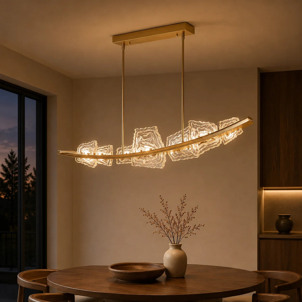 Arcus Integrated LED 70in Brass Chandelier with Handcrafted Glass