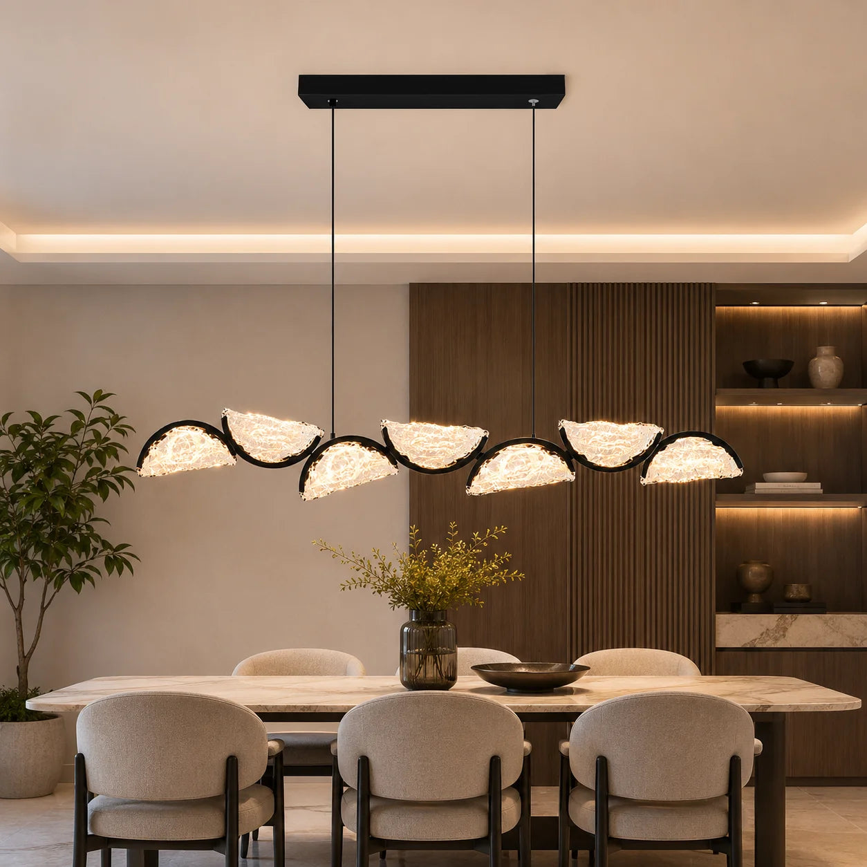 Moon Integrated LED 54in Black Chandelier with Handcrafted Glass