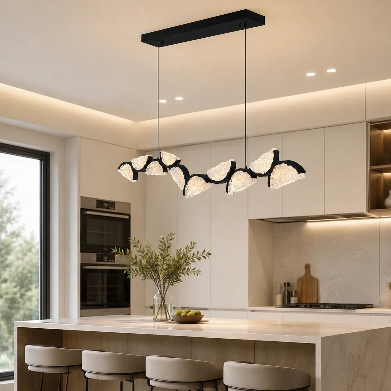 Moon Integrated LED 70in Black Chandelier with Handcrafted Glass
