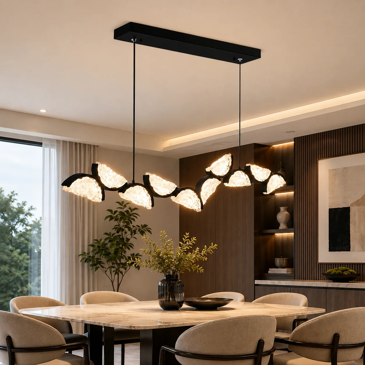 Moon Integrated LED 70in Black Chandelier with Handcrafted Glass