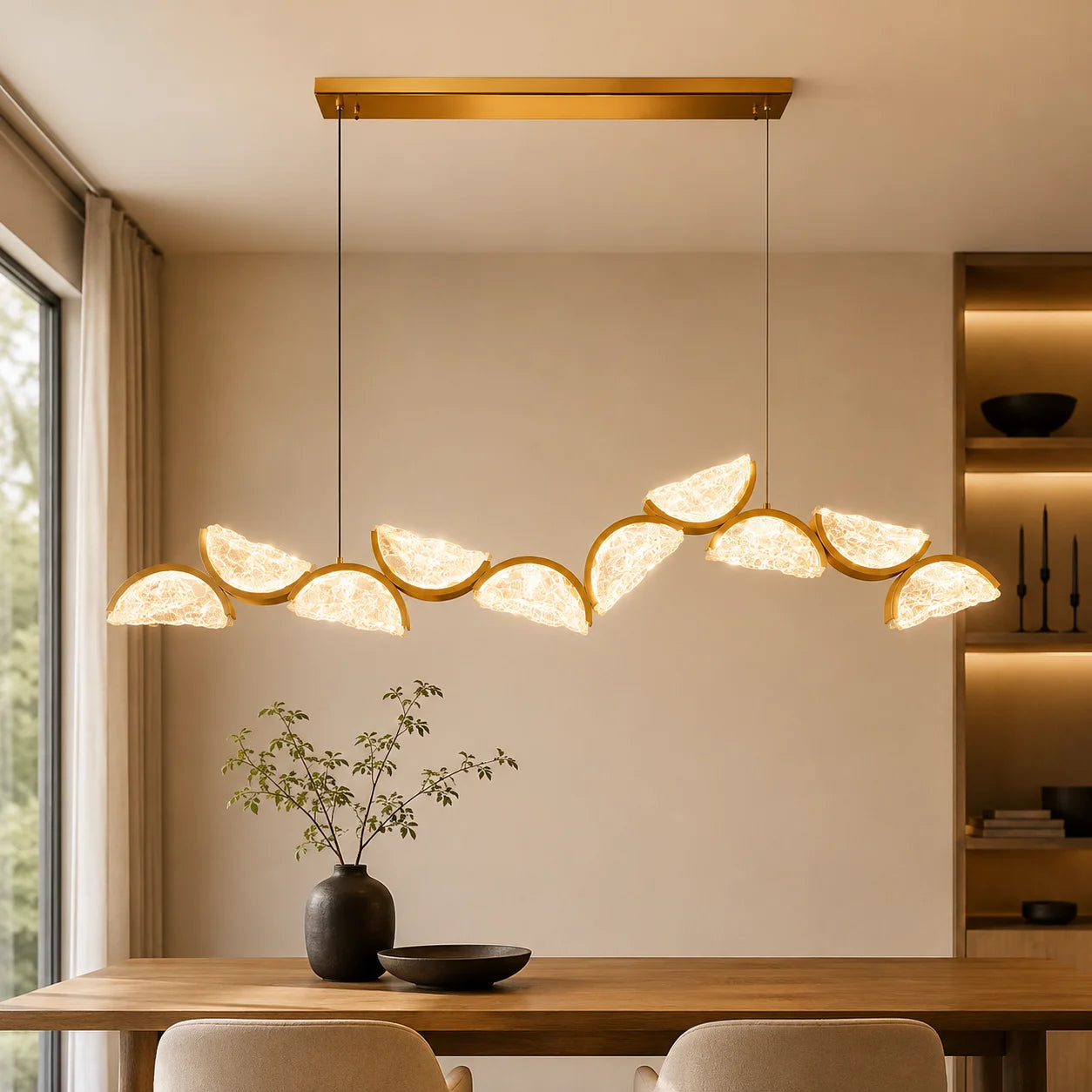 Moon Integrated LED 70in Brass Chandelier with Handcrafted Glass