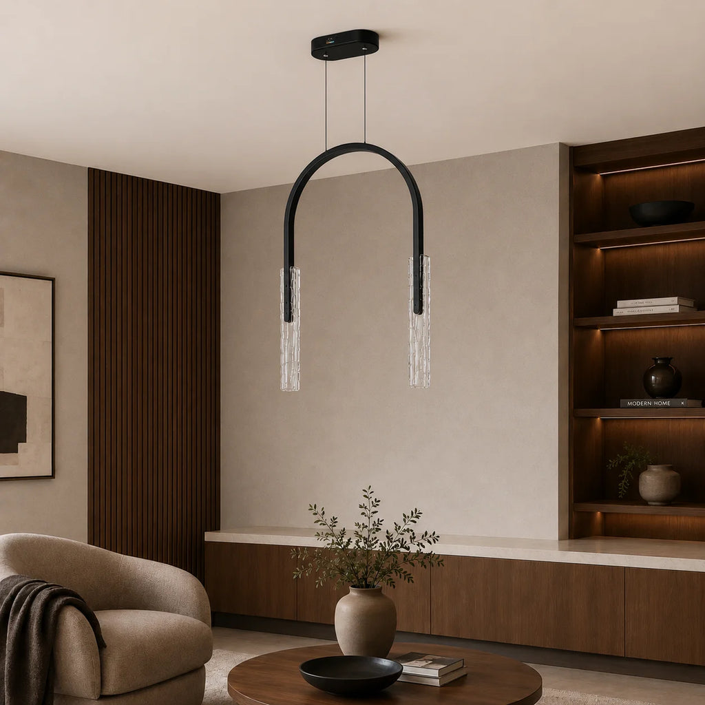 Curva Integrated LED 22in Black Chandelier with Handcrafted Glass
