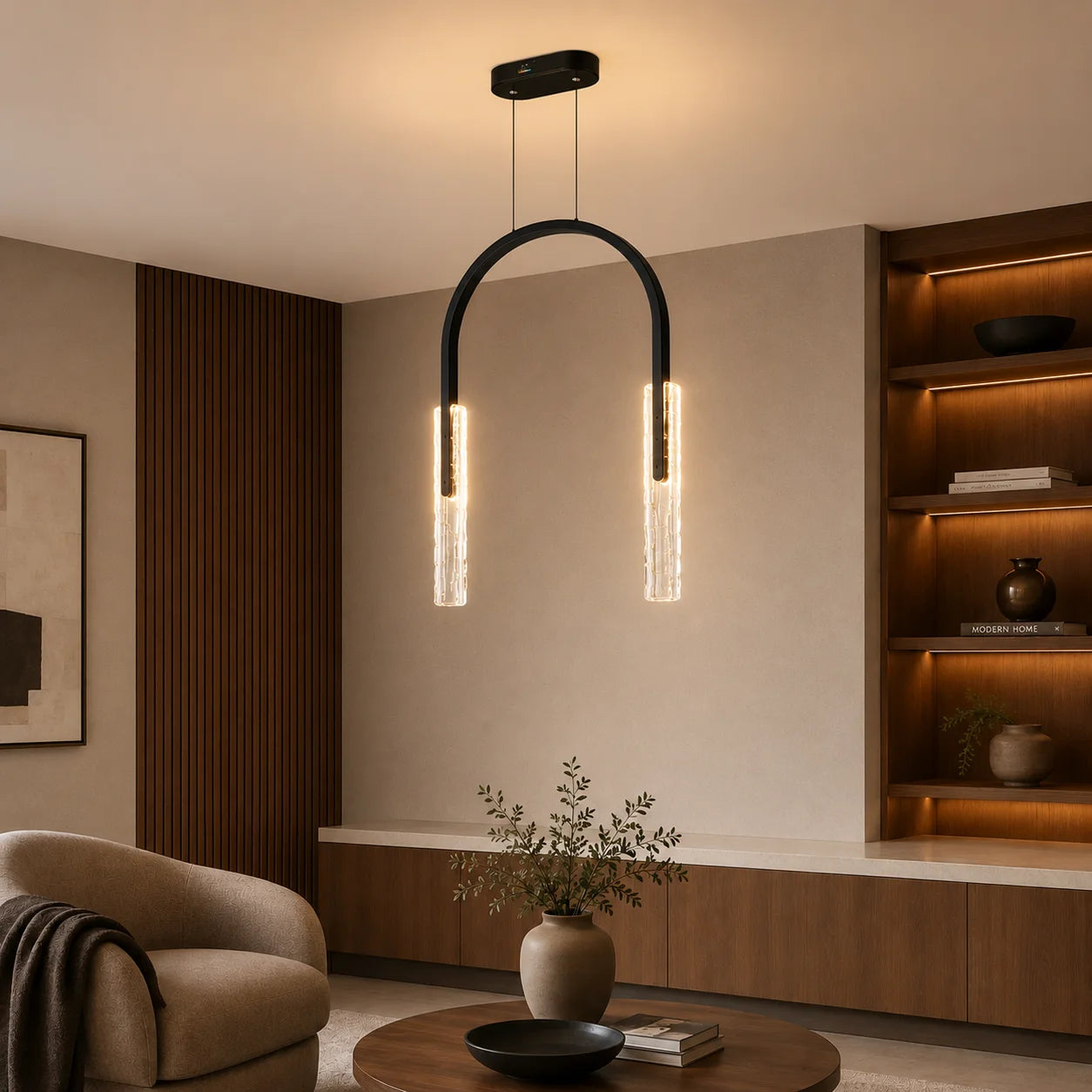 Curva Integrated LED 22in Black Chandelier with Handcrafted Glass