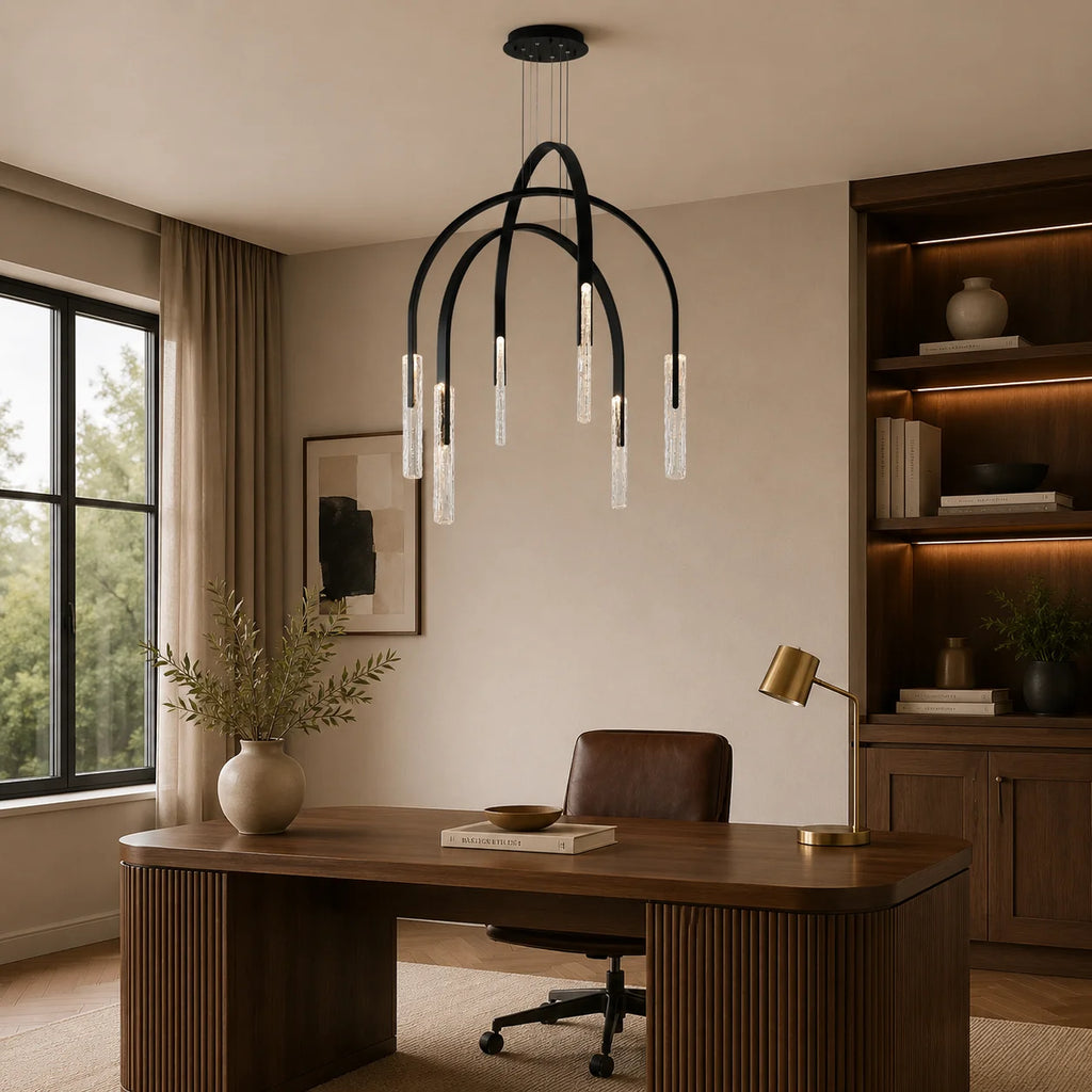 Curva Integrated LED 38in Black Chandelier with Handcrafted Glass