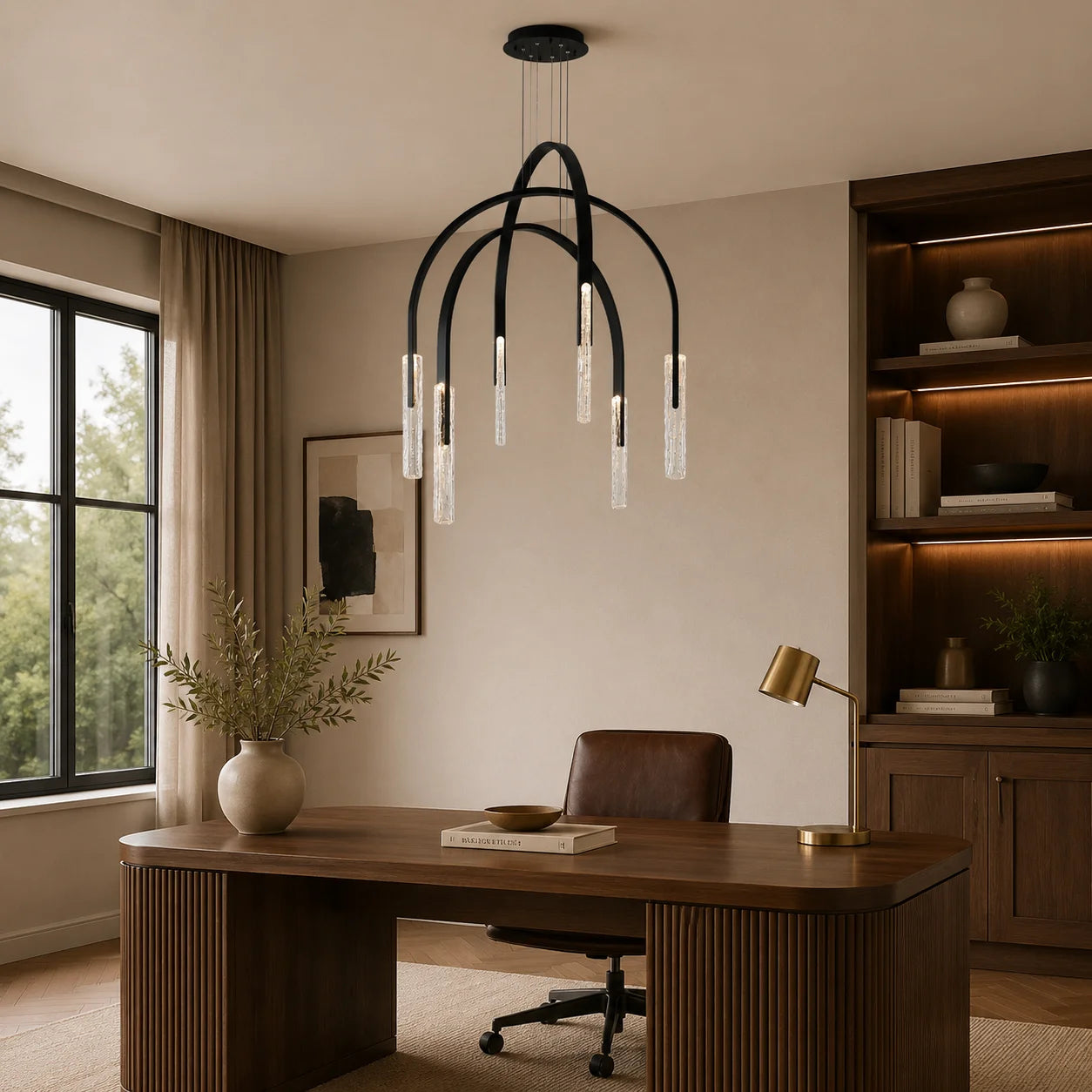 Curva Integrated LED 38in Black Chandelier with Handcrafted Glass