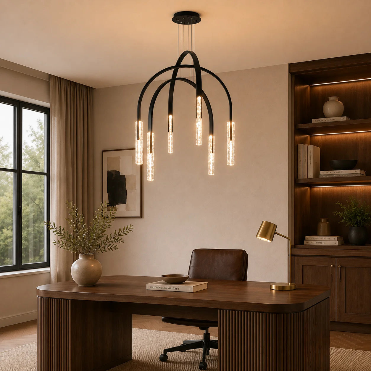 Curva Integrated LED 38in Black Chandelier with Handcrafted Glass