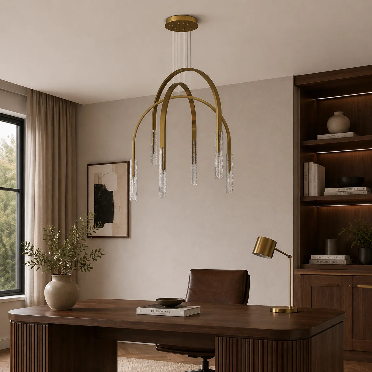 Curva Integrated LED 38in Brass Chandelier with Handcrafted Glass