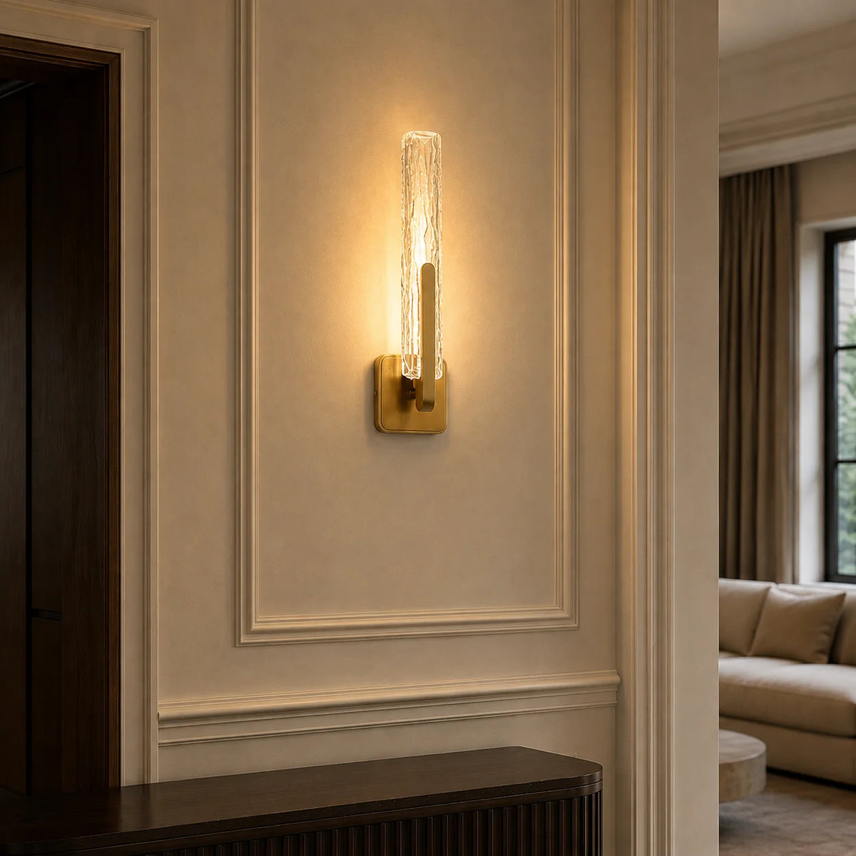 Curva Integrated LED 19in Brass Wall Light with Handcrafted Glass