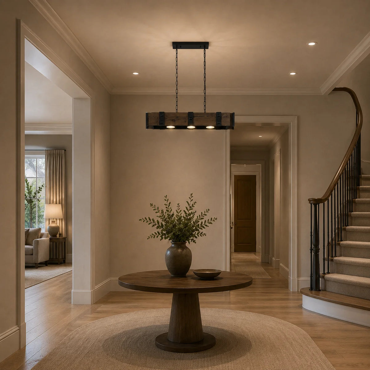 Pago 3 Light 42in Black & Wood Drum Shade Island Light